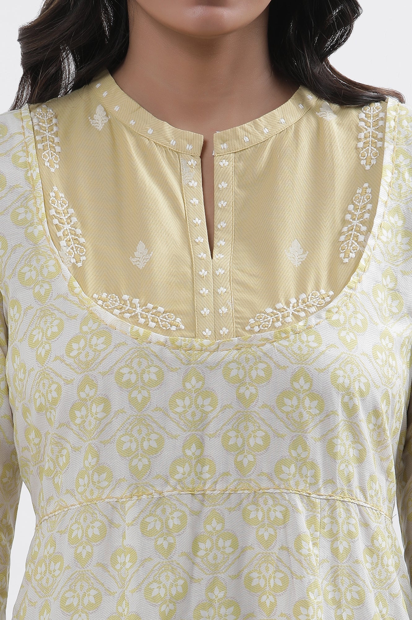 Pale Yellow Printed Dress (No Pants) W for Women's