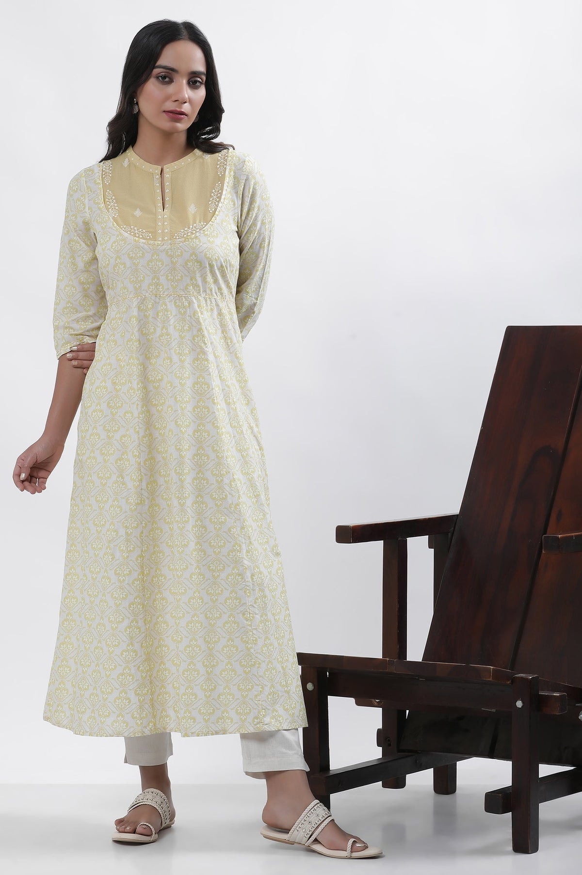 Pale Yellow Printed Dress (No Pants) W for Women's