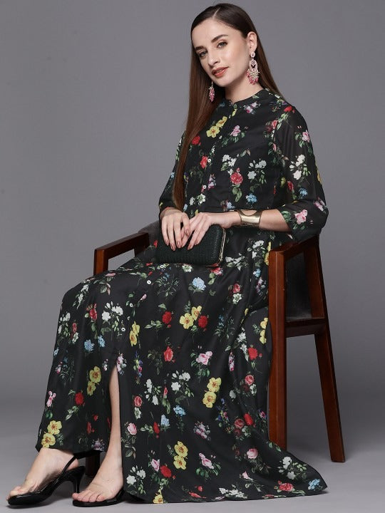 Black Floral Print Maxi Dress BIBA