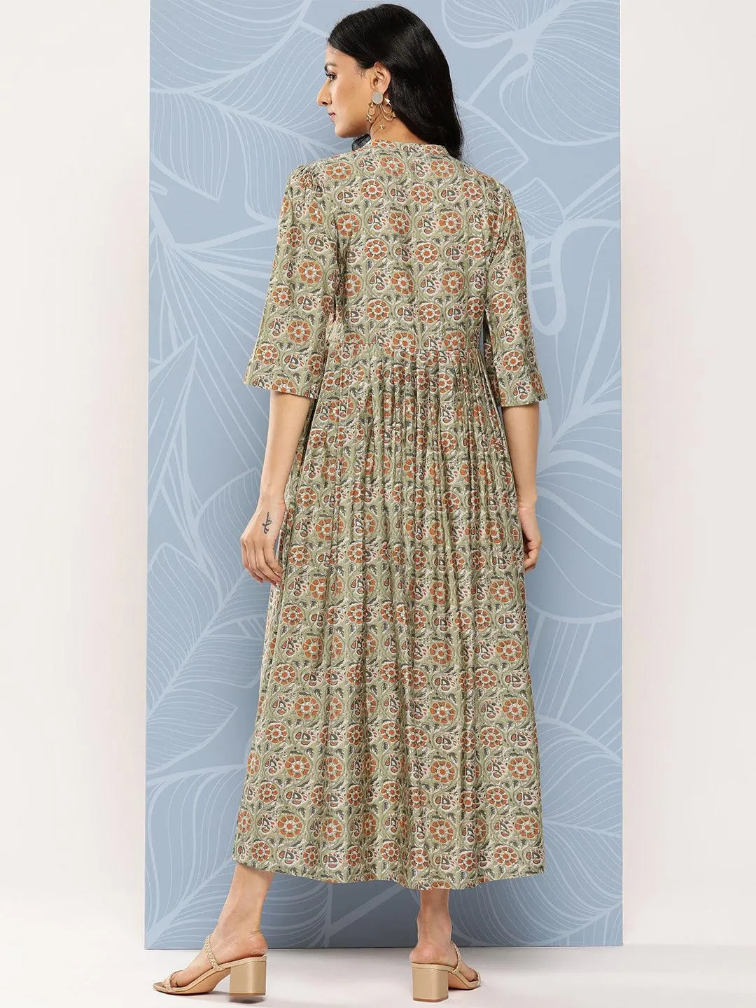 Green Printed Silk Fit and Flare Dress LIBAS