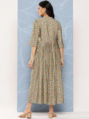 Green Printed Silk Fit and Flare Dress LIBAS