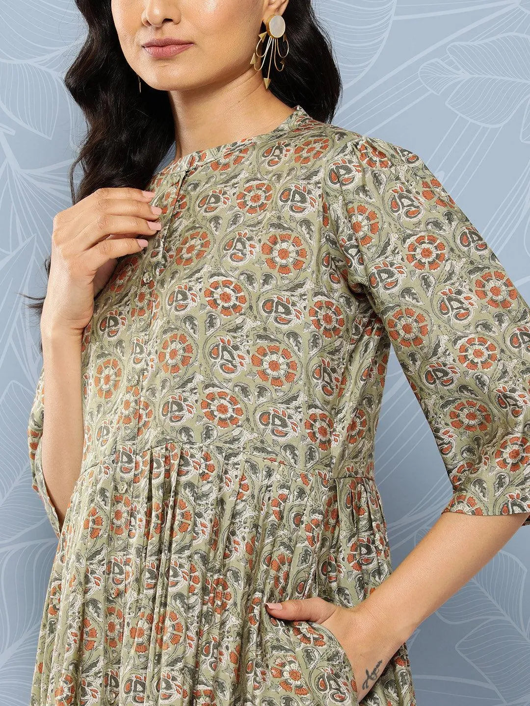Green Printed Silk Fit and Flare Dress LIBAS