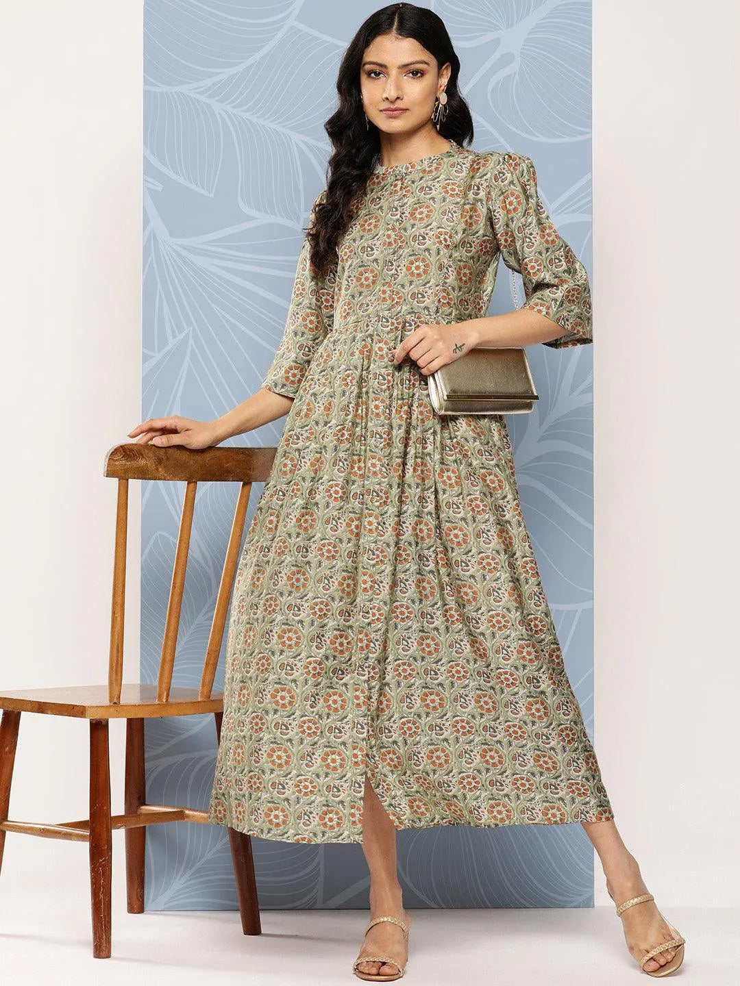 Green Printed Silk Fit and Flare Dress LIBAS