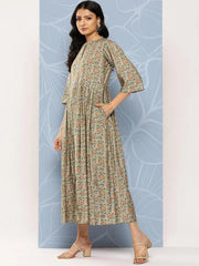 Green Printed Silk Fit and Flare Dress LIBAS