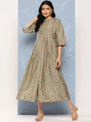 LIBAS Green Printed Silk Fit and Flare Dress, soft flowing silhouette with intricate silk print details.