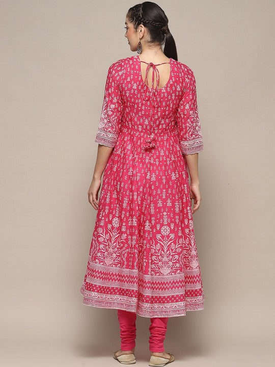 Floral Printed Round Neck Pure Cotton Anarkali Kurta With Churidar &amp; Dupatta BIBA