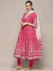 Floral Printed Round Neck Pure Cotton Anarkali Kurta With Churidar &amp; Dupatta BIBA