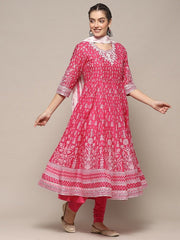 Floral Printed Round Neck Pure Cotton Anarkali Kurta With Churidar &amp; Dupatta BIBA