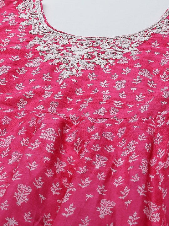 Floral Printed Round Neck Pure Cotton Anarkali Kurta With Churidar &amp; Dupatta BIBA