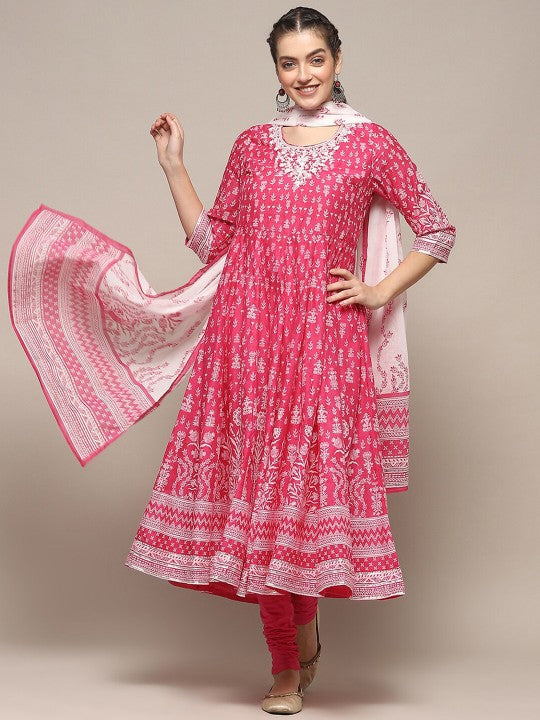 Floral Printed Round Neck Pure Cotton Anarkali Kurta With Churidar &amp; Dupatta BIBA