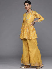 LIBAS Mustard Printed Silk Blend A-Line Top for Women - L, Casual Top  