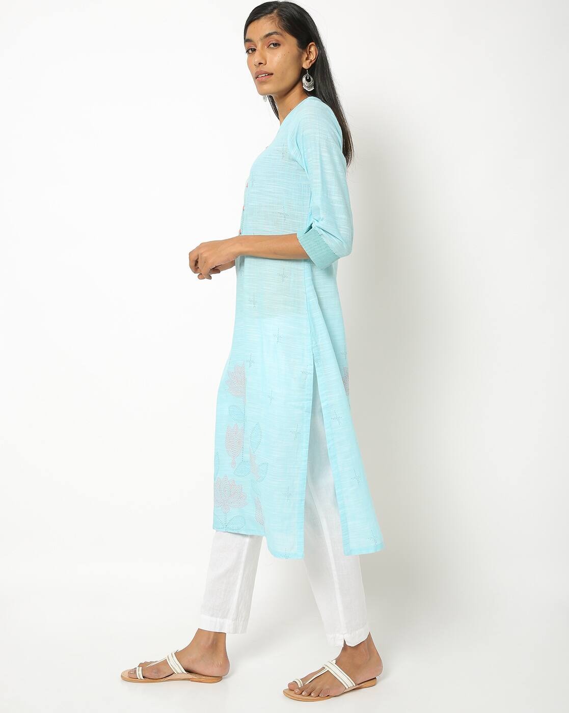 Blue Cotton Straight Kurta