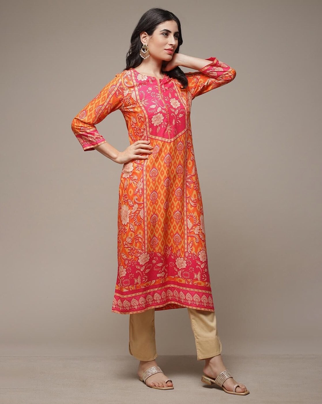 BIBA Orange LIVA Straight Printed Kurta BIBA