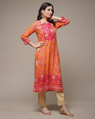 BIBA Orange LIVA Straight Printed Kurta BIBA