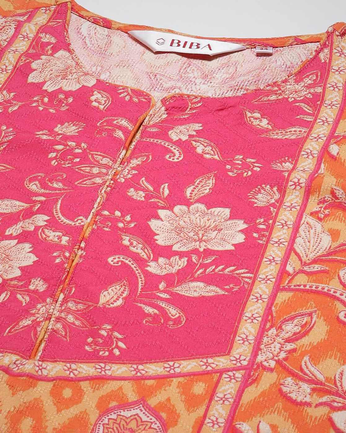BIBA Orange LIVA Straight Printed Kurta BIBA