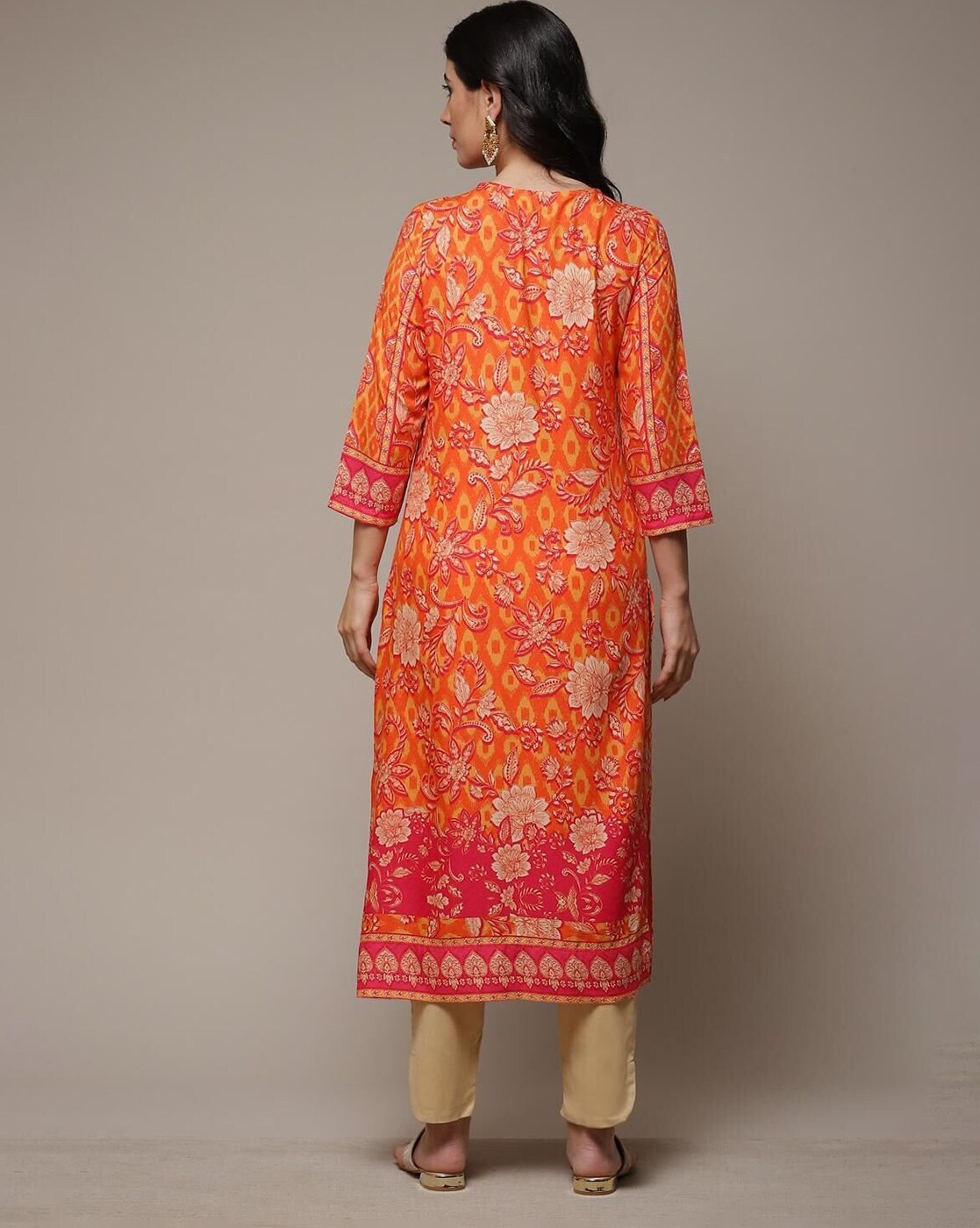 BIBA Orange LIVA Straight Printed Kurta BIBA