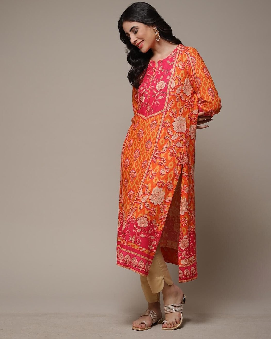 BIBA Orange LIVA Straight Printed Kurta BIBA