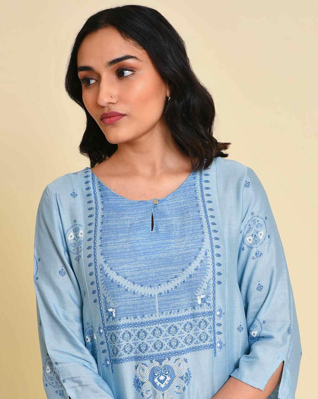 W Printed Blue Straight Kurta W for Women's
