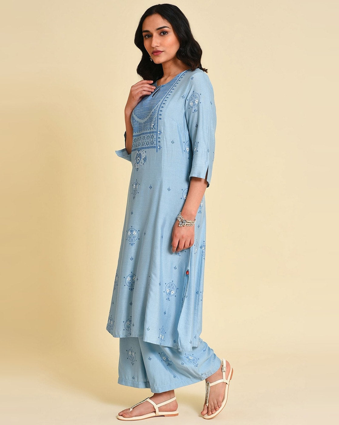 W Printed Blue Straight Kurta W for Women's