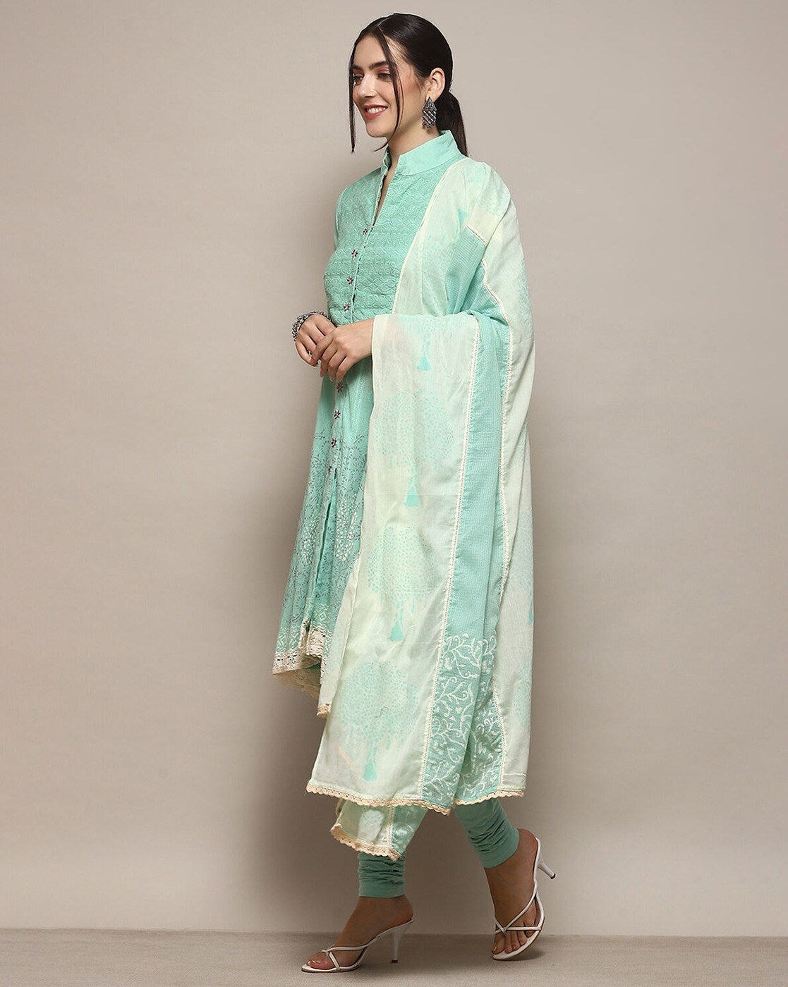 Women Printed Anarkali Kurta with Churidar Pants &amp; Dupatta BIBA