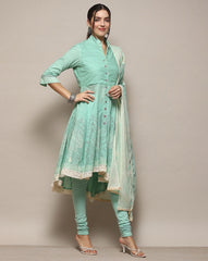 Women Printed Anarkali Kurta with Churidar Pants &amp; Dupatta BIBA