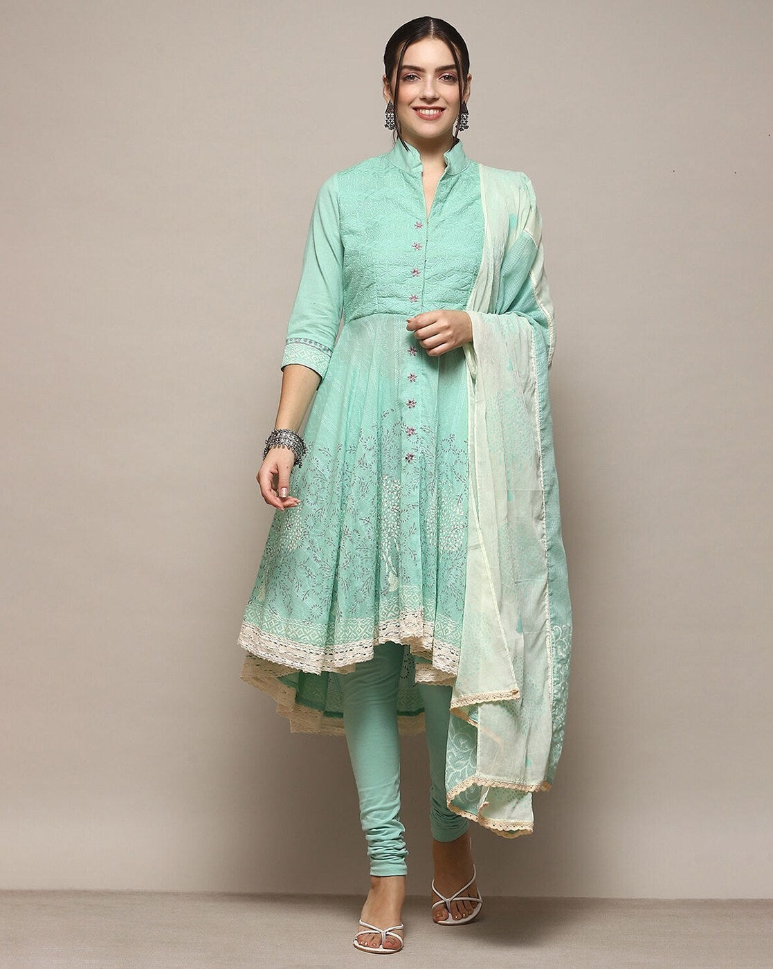 Women Printed Anarkali Kurta with Churidar Pants &amp; Dupatta BIBA
