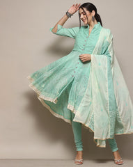 Women Printed Anarkali Kurta with Churidar Pants &amp; Dupatta BIBA