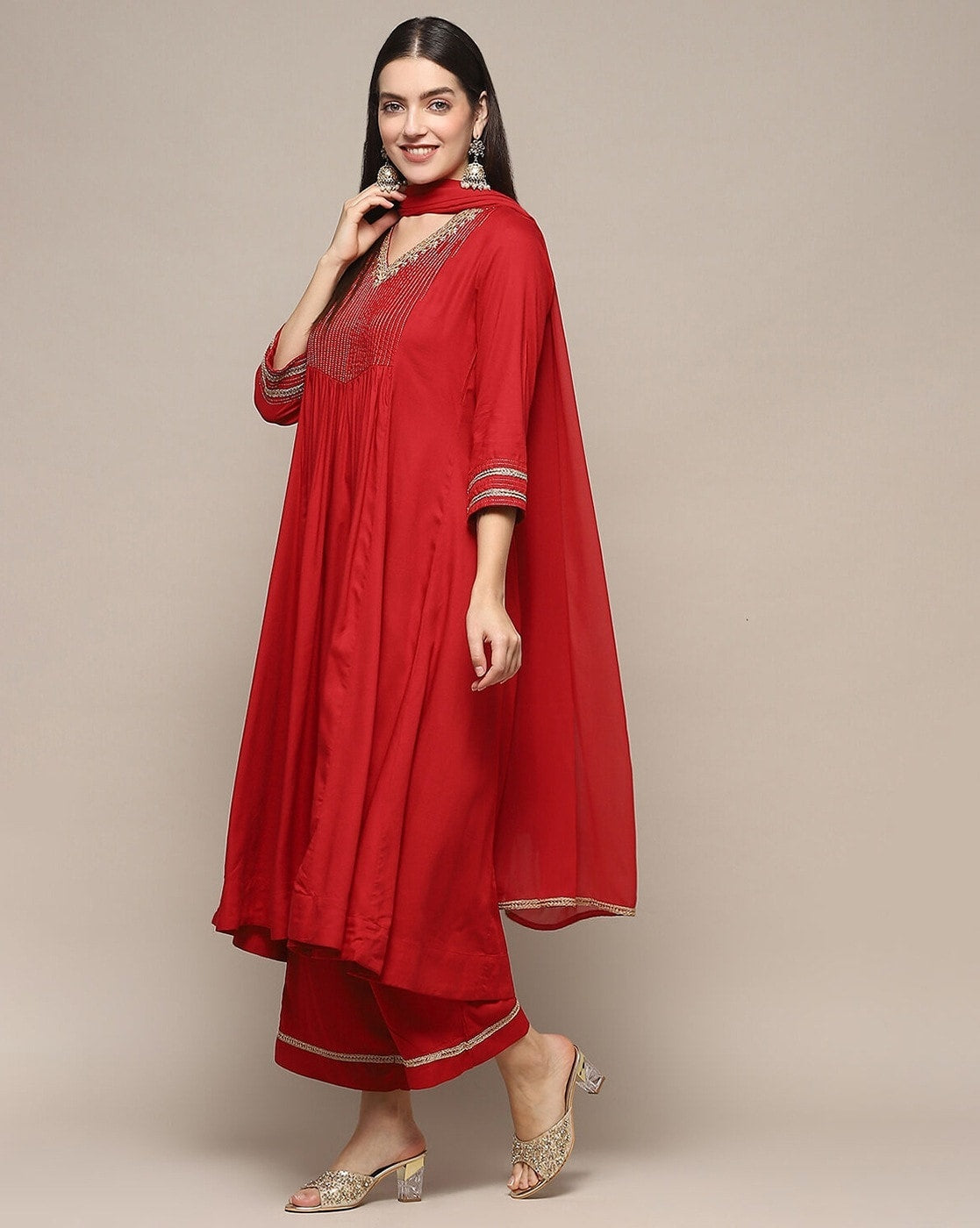 Red Rayon Gathered Kurta suit set BIBA