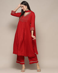 Red Rayon Gathered Kurta suit set BIBA