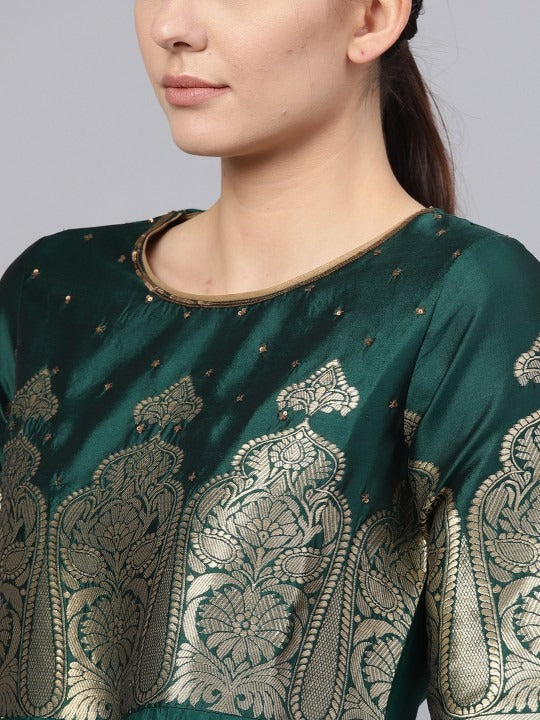 Green & Golden Yoke A-Line Kurta WISHFUL