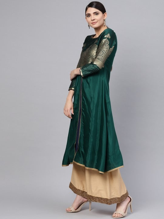 Green & Golden Yoke A-Line Kurta WISHFUL