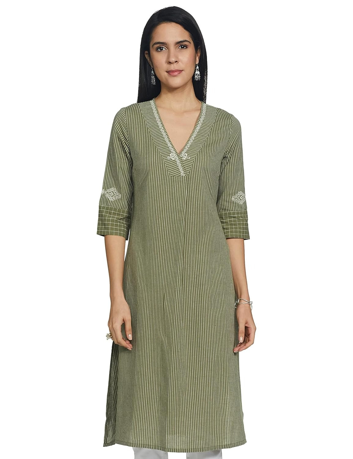 Woman Green Stripe Print V-Neck Kurta W for Woman