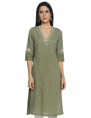 Woman Green Stripe Print V-Neck Kurta W for Woman