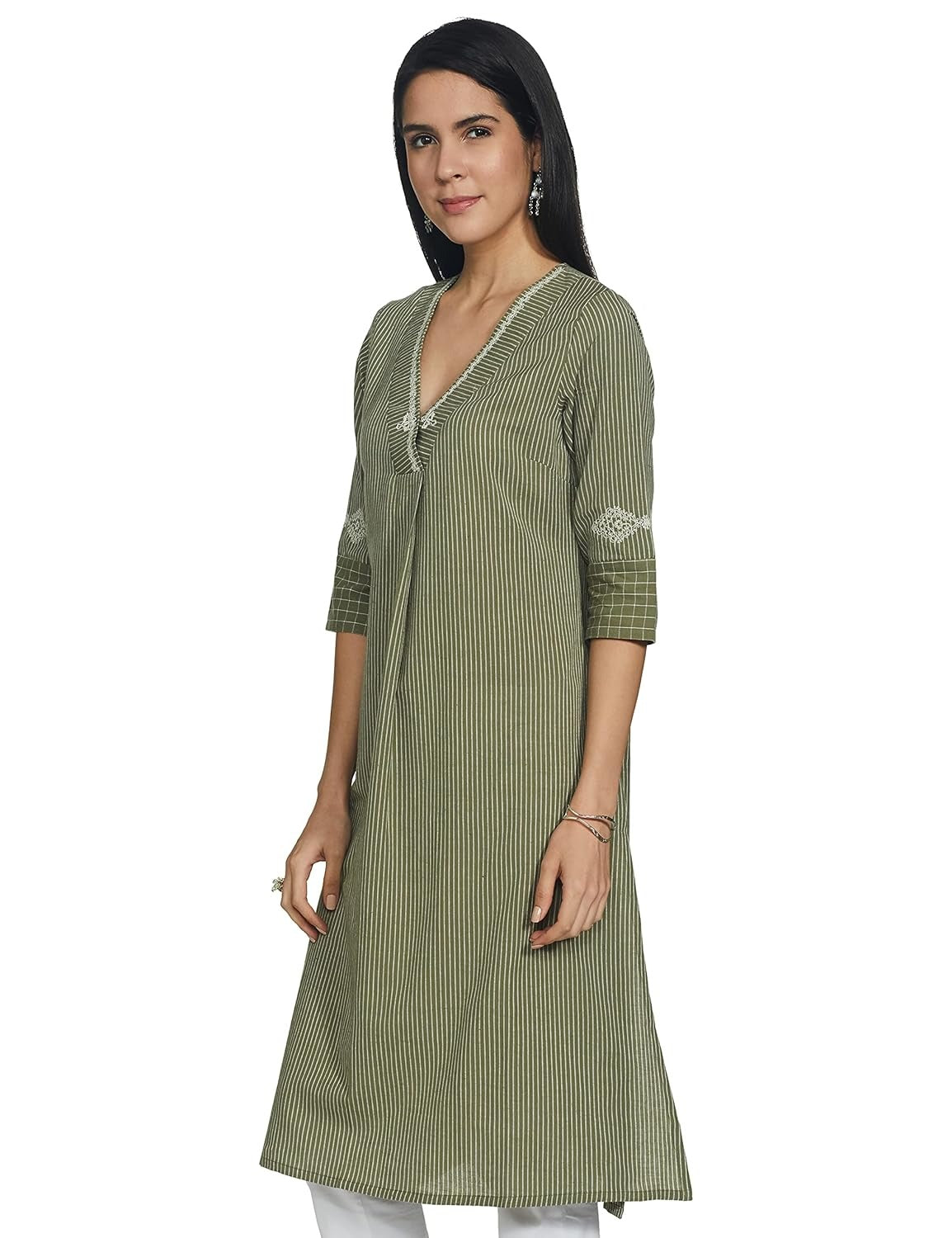 Woman Green Stripe Print V-Neck Kurta W for Woman