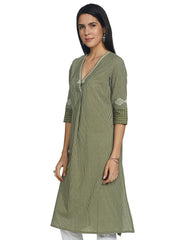 Woman Green Stripe Print V-Neck Kurta W for Woman
