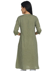 Woman Green Stripe Print V-Neck Kurta W for Woman