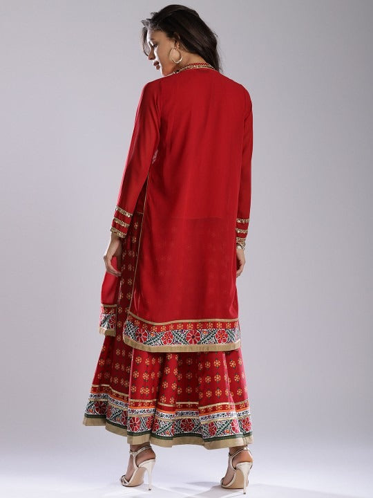 Red Printed Flared Lehenga with Embellished Blouse WISHFUL