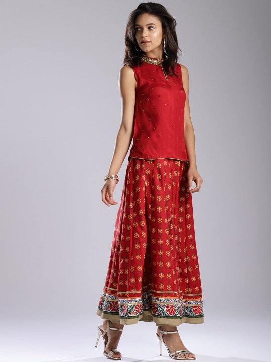 Red Printed Flared Lehenga with Embellished Blouse WISHFUL