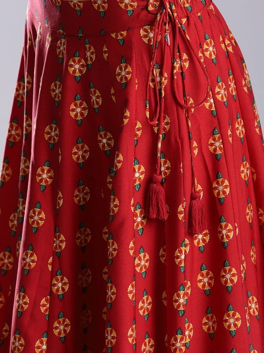 Red Printed Flared Lehenga with Embellished Blouse WISHFUL