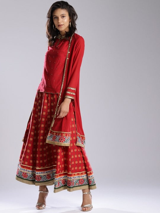 Red Printed Flared Lehenga with Embellished Blouse WISHFUL