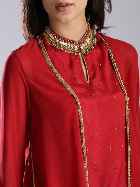 Red Printed Flared Lehenga with Embellished Blouse WISHFUL