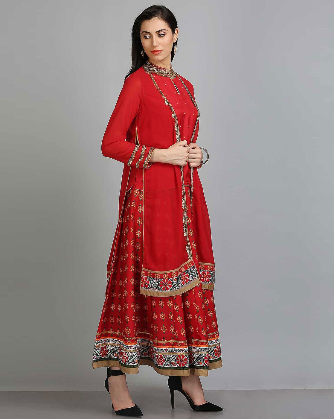 Red Printed Flared Lehenga with Embellished Blouse WISHFUL