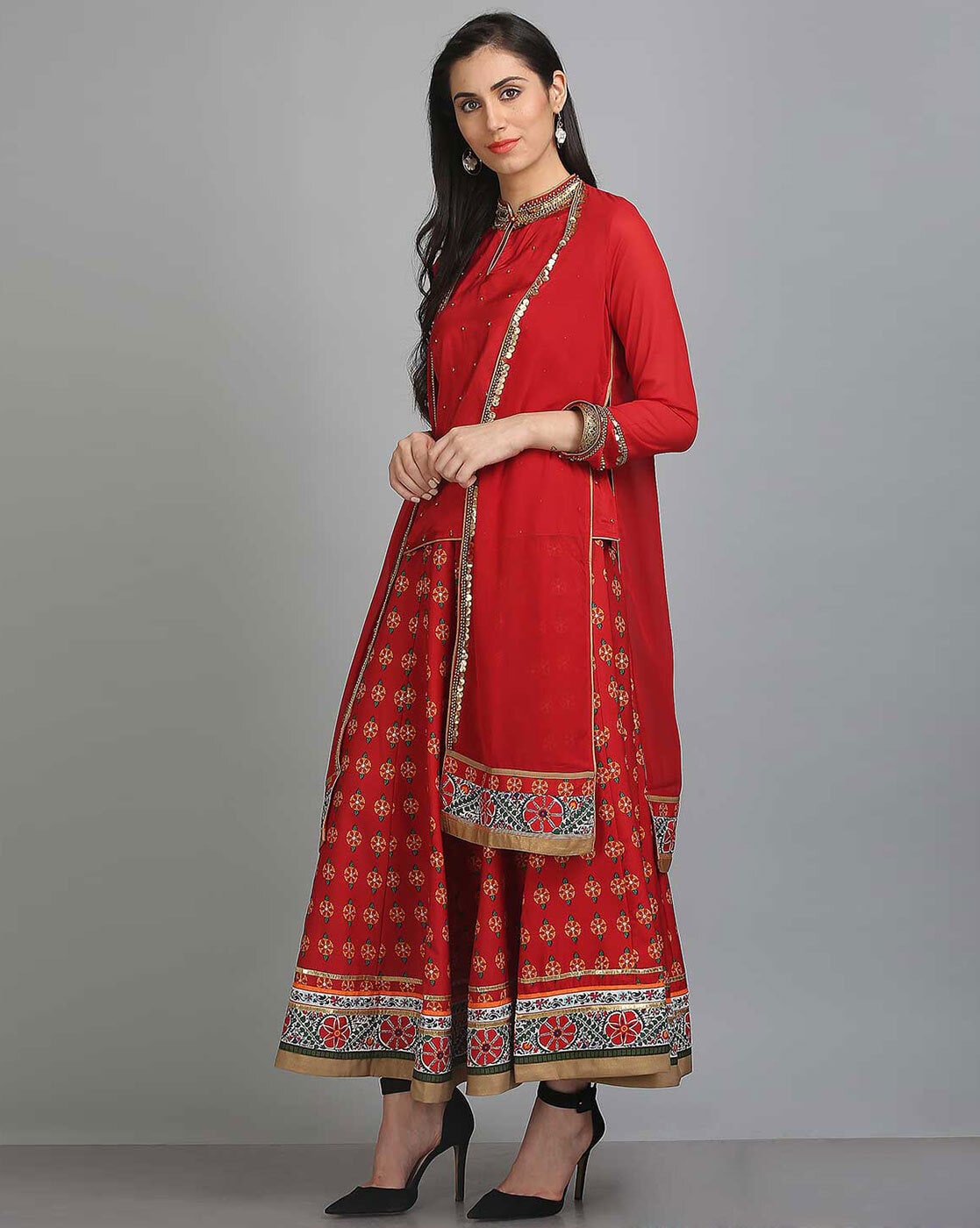 Red Printed Flared Lehenga with Embellished Blouse WISHFUL