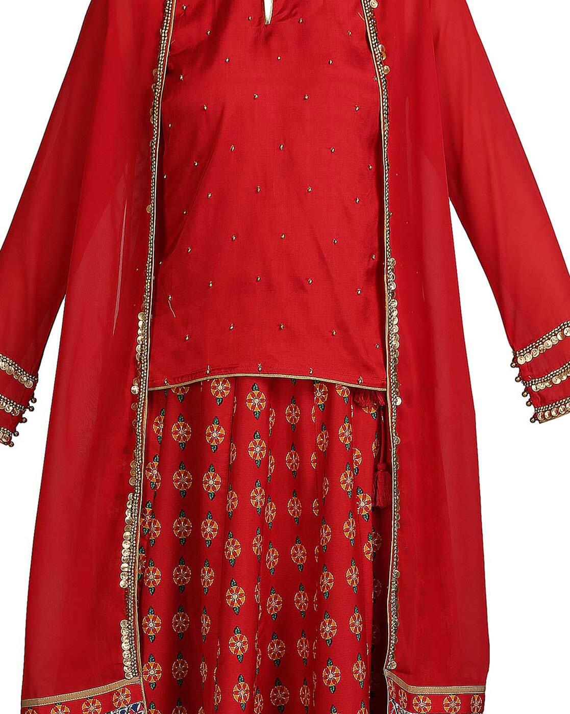 Red Printed Flared Lehenga with Embellished Blouse WISHFUL