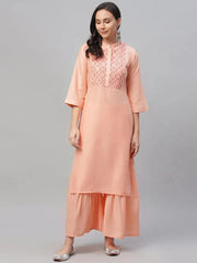 LIBAS Peach Embroidered Crepe Kurta, luxurious embroidered ethnic wear with soft crepe fabric.