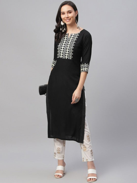 LIBAS Black Embroidered Straight Kurta, designed with sophisticated embroidery for a classic look.