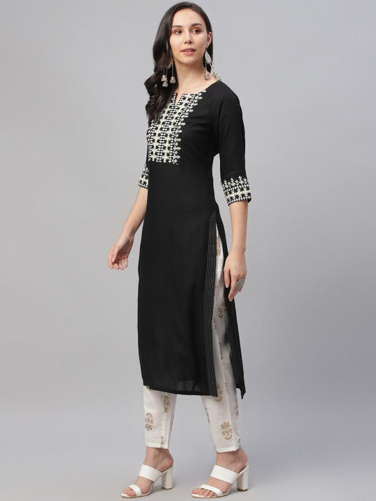 Women Black Embroidered Straight Kurta LIBAS