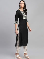 Women Black Embroidered Straight Kurta LIBAS