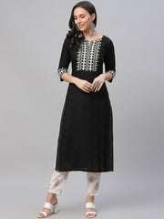 Women Black Embroidered Straight Kurta LIBAS