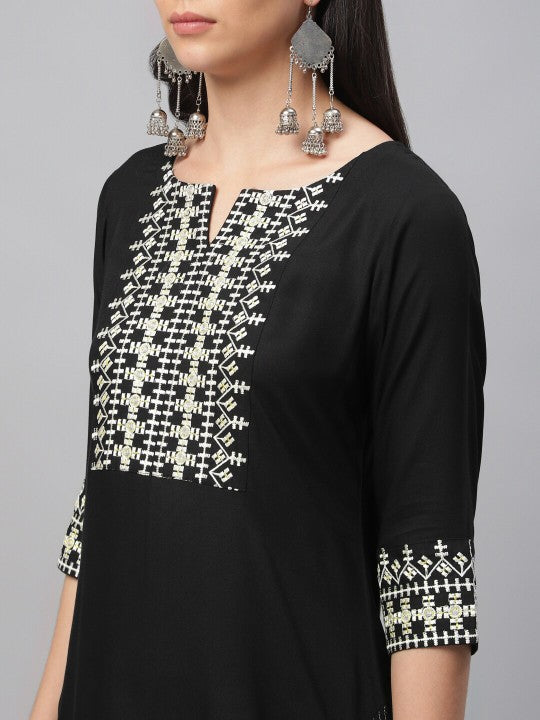 Women Black Embroidered Straight Kurta LIBAS